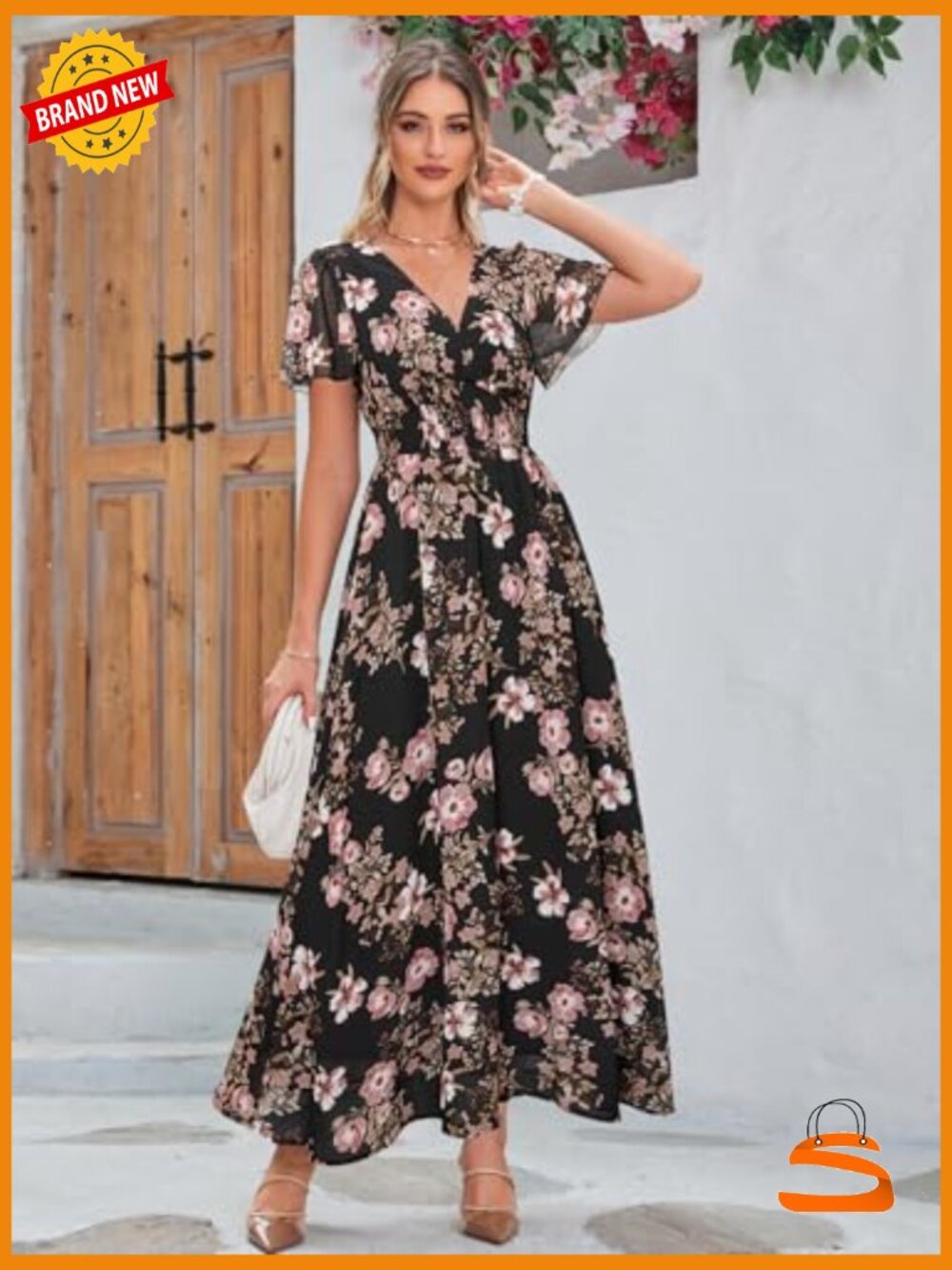 Boho Floral Maxi Dress Flowy V-Neck Short Sleeve Casual Wedding Guest - Picture 2 of 5